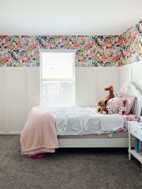 girls bedroom with board and batten walls and floral wallpaper Wallpaper Above Board And Batten Bedroom, Flower Wallpaper Girls Bedroom, Board And Batten Purple Wall, Floral Wallpaper For Bedroom, Floral Wallpaper Bedroom Girl Rooms, Girls Floral Wallpaper, Diy Floral Headboard, Flower Wallpaper For Bedroom, Girls Bedroom Board And Batten