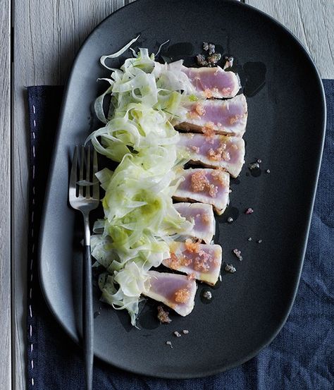 Grilled kingfish belly, fennel and grilled finger lime recipe | Lennox Hastie :: Gourmet Traveller Lennox Hastie, Guerrilla Marketing, Native Foods, Finger Lime, Lime Recipes, Lime Sauce, Life Book, Menu Ideas, Chef Recipes