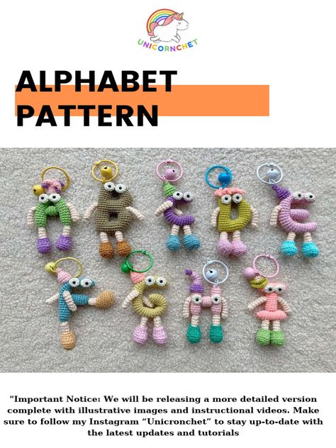 Unicornchet - Alphabet Eng | Download Free PDF | Crochet | Weaving Amigurumi Alphabet Free Pattern, Crochet Alphabet Pattern Free, Crocheted Alphabet Letters Patterns, Crochet Letter Keychain Pattern, Crochet Alphabet Keychain, Alphabet Crochet Pattern Free, Crochet Alphabet Letters Pattern Free, Crochet Letters Pattern Free, Crochet Keychain Patterns