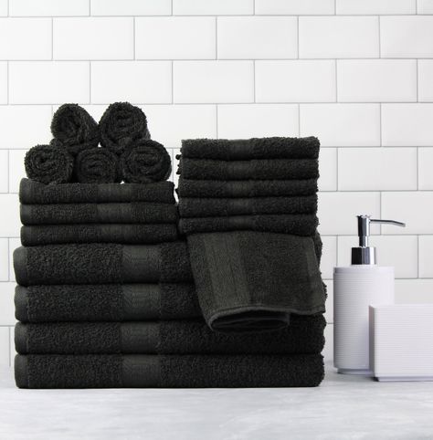 Black Bathroom Decor, Striped Bath Towels, Black Bathroom Accessories, Future Apartment Decor, Towel Sets, Black Towels, Bath Set, Apartment Bathroom, Apartment Decor Inspiration