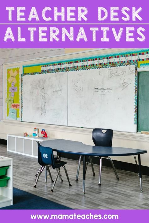 Teacher Desk Alternatives - Mama Teaches Classroom Desk Alternatives, Tall Teacher Desk, Small Group Table As Teacher Desk, Small Teacher Desk Ideas, Alternative Teacher Desk Ideas, Teacher Computer Desk, Diy Teacher Desk Ideas, Classroom Without Teacher Desk, Alternative School Classroom