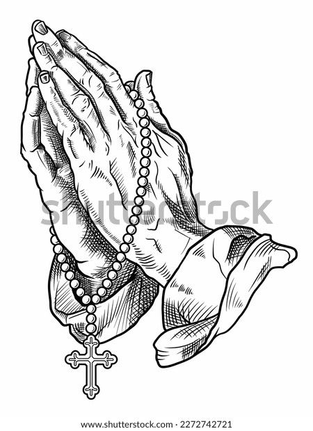 Praying Hands Rosary Line Drawing Handdrawn Stock Illustration 2272742721 | Shutterstock Rosary Cross Drawing, Pray Hands Drawing, How To Draw Praying Hands, Pray Pose Drawing, Hands Praying Drawing, Praying Drawing Pose, Rosery Drawings, Praying Pose Reference Drawing, Hands Art Reference