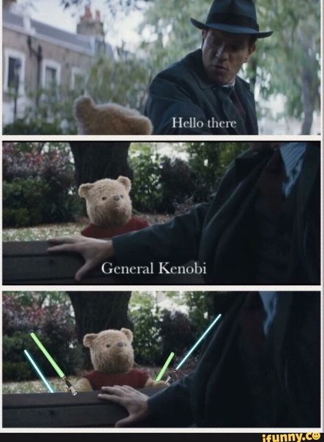 CHRISTOPHER ROBIN: Hello there. WINNIE THE POOH: General Kenobi Hello There General Kenobi, Star Wars Trivia, Animals Disney, Disneysea Tokyo, General Kenobi, Funny Star Wars Memes, Prequel Memes, Star Wars Character, Star Wars Quotes