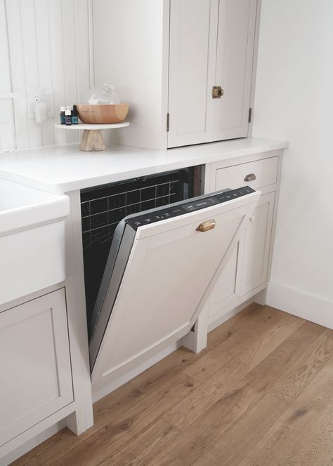 Dishwasher In Laundry Room, How To Cover A Dishwasher, Diy Panel Appliances, Cabinet Covered Dishwasher, Dishwasher End Panel, Dishwasher Update Diy, Dishwasher Cover Wood, Ikea Dishwasher Cabinet, Appliance Update Diy