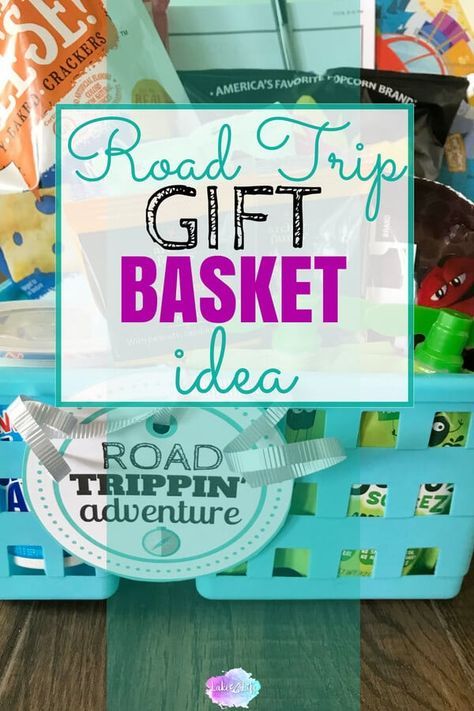 This road trip gift basket idea is made using Dollar store caddies and filled with easy road trip snacks perfect for adults and kids alike! Free printable labels are also included in this road trip care package. #roadtrip #roadtrippin #roadtripessentials #giftideas #giftbaskets Vacation Basket Ideas, Vacation Care Package, Road Trip Survival Kit Gift For Adults, Travel Care Package Road Trips, Car Package Ideas, Travel Basket Gift Ideas Road Trips, Road Trip Care Package For Adults, Road Trip Basket Ideas, Birthday Road Trip Ideas