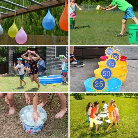 Collage of images of water games for the whole family. Water Games For Teenagers, Adult Water Games Party Ideas, Diy Water Games, Water Games For Adults, Teenage Birthday Party Games, Kids Birthday Party Activities, Backyard Birthday Parties, Slumber Party Games, Water Games For Kids