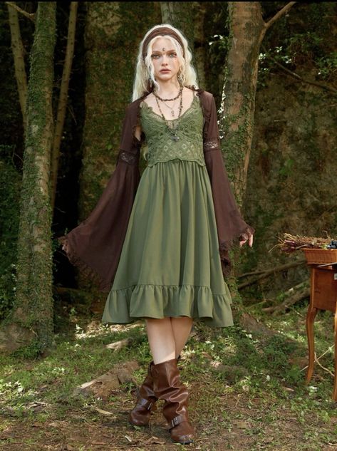 Faerie Inspired Outfit, Pixie Outfit Aesthetic, Fairycore Outfit Dress, Fairycore Green Outfit, Elven Core Outfits, Moss Fairy Outfit, Forest Elf Aesthetic Outfit, Cute Nature Outfits, Fairycore Clothing Aesthetic