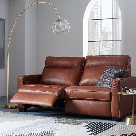 Leather Power Recliner Sofa- ELLEDecor.com Grey Leather Reclining Sofa, Reclining Sofa Slipcover, Sofa Reclining, Reclining Sofa Living Room, Living Room Furniture Recliner, Sofa Kulit, Small Recliners, Sofa Santai, Sofa Layout