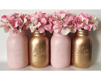 Pink Birthday Decorations Ideas, Babyshower Decor, Pink And Gold Birthday Party, Pink First Birthday, Pink Mason Jars, Gold Mason Jars, 60th Bday, Gold First Birthday, Gold Centerpieces