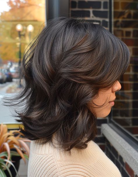 Dark Chocolate Layers, Mid-Length Layered Haircut Shoulder Length Hair With Layers And Wispy Bangs, Layered Brunette Hair Medium, Cute Haircuts For Round Faces, Bob With Wispy Bangs, Hairstyles For Seniors, Dark Chocolate Brown Hair, Haircuts For Round Faces, Mid Length Layered Haircuts, Shoulder Length Layered