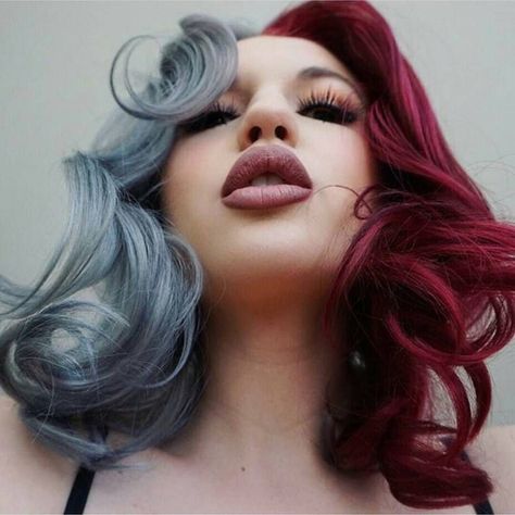 Half & Half hair color gray maroon Half And Half Hair, Split Dyed Hair, Hair Chalk, Split Hair, Burgundy Hair, Trendy Hair Color, Short Hair Color, Hair Color Blue, Grey Hair Color