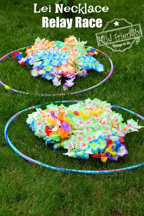 This Lei Necklace Realy Race is easy and hilarious to watch. It's perfect for your summer or Hawaiin themed party. Great for kids of all ages and adults. www.kidfriendlythingstodo.com #summer #game #outdoor #kids #teens #adults #hawaiian #luau #easy End Of Year Party Luau, Indoor Summer Games For Kids, School Summer Party Ideas, Hula Hoop Bubbles, Laua Party Ideas Hawaiian Luau Games, Kids Luau Party Games, Hawaiian Pep Rally Games, Hawaiian Games For Adults, Aloha Party Games