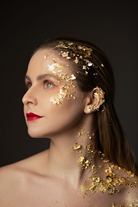 Gold Leaf Photography, Corset Shoot, Gold Leaf Makeup, Clio Muse, Guard Makeup, Paper Makeup, Golden Makeup, Make Up Gold, Extreme Makeup