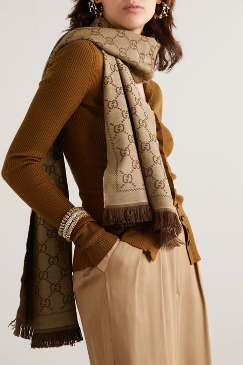 GUCCI + NET SUSTAIN Sten reversible fringed organic wool-jacquard scarf | NET-A-PORTER Gucci Shawl Outfit Scarfs, Louis Vuitton Scarf Outfit, Beige Scarf Outfit, Gucci Scarf Outfit, Gucci Tights Outfit, Scarf Looks, Scarf Aesthetic, Gucci Pattern, Net Sustain