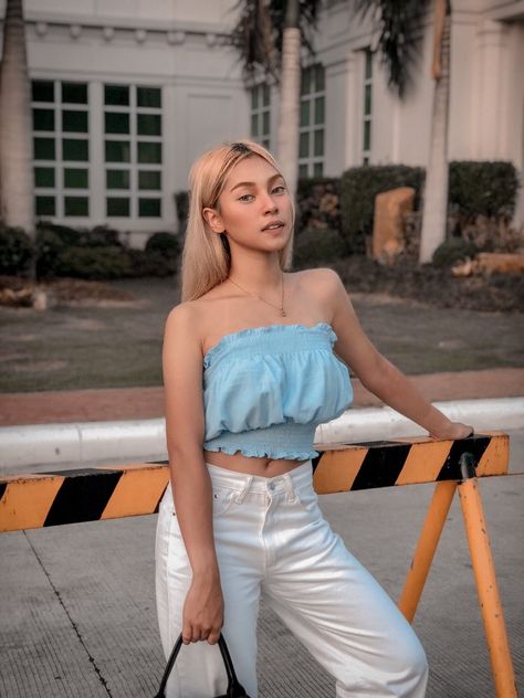 Christine Samson, Lily Maymac, Comfy Outfits, Strapless Top, Tights, Style Inspiration, Pants, Photography, Women's Top