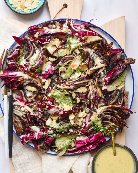 Grilled Radicchio Salad | Nourish Deliciously Grilled Radicchio Salad, Grilled Radicchio, French Delicacies, Christmas Salad, Radicchio Salad, Winter Salad, Roasted Almonds, Toasted Almonds, Sliced Almonds