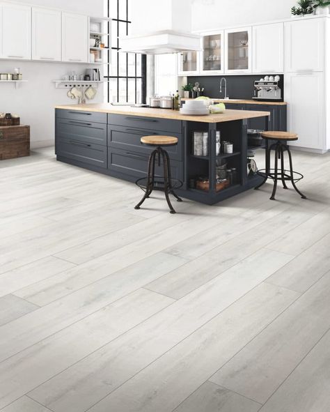 Thinking about installing laminate flooring in your kitchen? Before you buy your kitchen laminate, learn the pros and cons of this kitchen flooring type. Kitchen Floor Inspiration, Laminate Flooring In Kitchen, Grey Laminate Flooring, Quick Step Flooring, Grey Kitchen Floor, Floor Inspiration, Waterproof Laminate Flooring, Grey Wood Floors, Wood Floor Kitchen