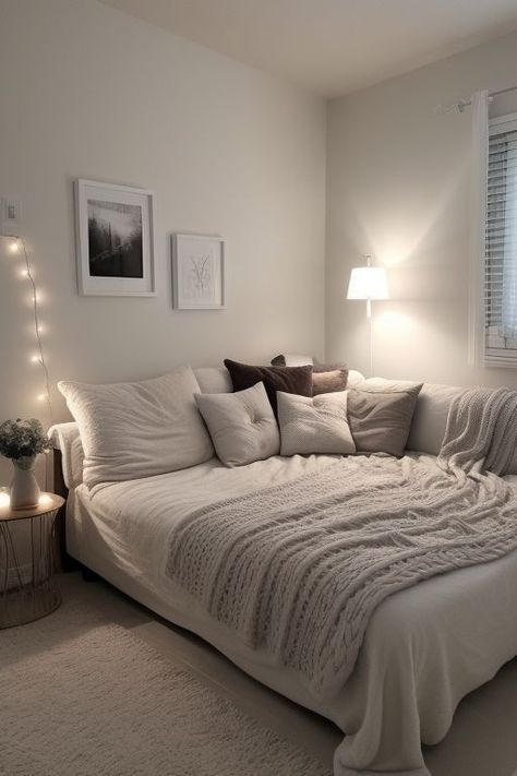 Bed Ideas Aesthetic Bedding & Blankets, Room Decor With 2 Beds, Room Ideas For Me And My Boyfriend, Bedroom Inspirations Queen Bed, Gray Blanket Bedroom, Striped Bedroom Ideas, Comfy Room Inspiration, Bedroom Ideas Low Bed, Room Decor Beige And White