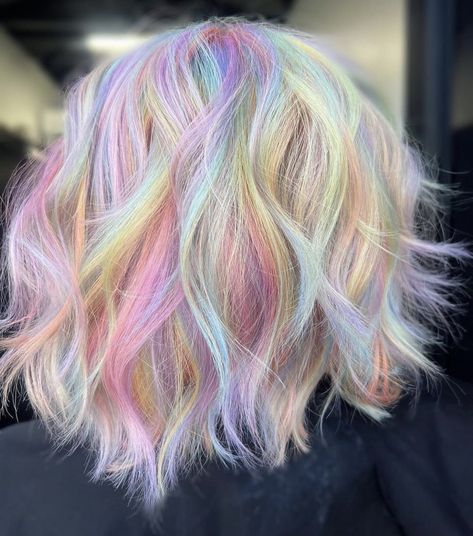 Pastel Balayage Hair, Coloured Hair Pastel, White Hair With Rainbow Highlights, Color Techniques Hair, Pastel Vivid Hair Color, Bubble Technique Hair Color, Blonde And Vivid Hair Color, Short Pastel Hair, Dyed Bob