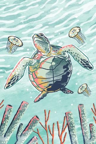 size: 18x12in Art Print: Graphic Pastel - Sea Turtle - Lantern Press Artwork by Lantern Press : Endangered Animals Art Projects, Marine Biology Art, Sea Turtle Mural, Crustaceans Art, Sea Turtle Poster, Sea Otter Art, Beach Backgrounds, Sea Turtle Drawing, Ocean Prints