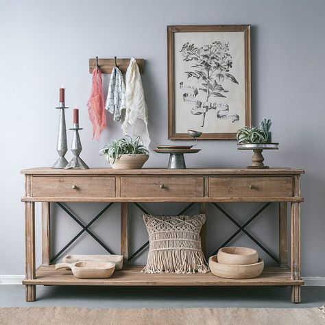 Gracie Oaks Chestertown Timber Console Table | Wayfair Jars Decor, Console Table Design, Console Table Decorating, Kitchen Jars, Household Furniture, Hall Table, Wood Console Table, Wood Console, Kitchen Window