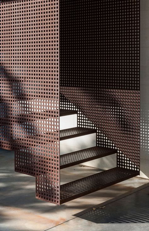 Gallery of The House with Two Lives / nabil gholam architects - 13 Modern Industrial Stairs, Perforated Metal Interior Design, Stairs Industrial Design, Perforated Metal Stairs, Metal Balustrade Design, Perforated Stairs, Guard Rail Design, Corten Stairs, Interior Stairs Ideas