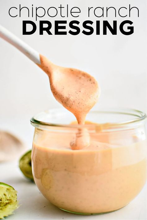 This thick and creamy Chipotle Ranch Dressing adds a smoky and slightly spicy twist to classic ranch dressing. Blend it up in just 10 minutes for a sensational dip or topping to salads, tacos, and so much more! Chipotle Ranch Dressing Recipe, Chipotle Dressing Recipe, Salsa Ranch Dressing, Creamy Chipotle Dressing, Spicy Ranch Dressing, Salsa Ranch, Avocado Ranch Dressing, Chipotle Ranch Dressing, Chipotle Dressing