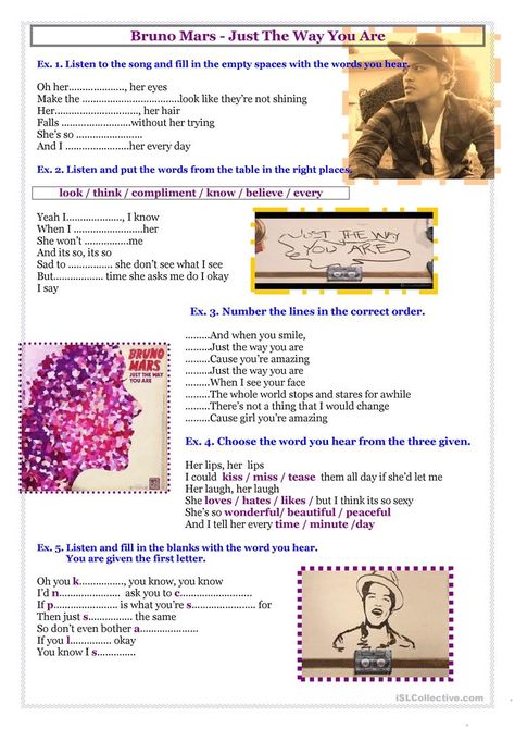 Song - Bruno Mars - Just The Way You Are - English ESL Worksheets Esl Listening Activities, Bruno Mars Songs, Teaching Esl, English Exercises, Esl Activities, The Worksheet, A Worksheet, English Activities, English Reading