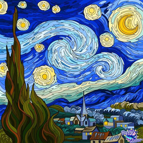 Starry Night Drawing, Painting Ideas Starry Night, Staring Night Van Gogh, Starry Night Easy, Starry Night Sketch, How To Draw Van Gogh Starry Night, Simple Starry Night Painting, Starry Night Marker Drawing, Canvas Painting Starry Night