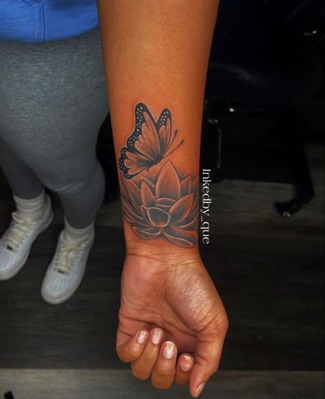 Cover Up With Butterfly Tattoo, Wrap Around Ankle Tattoos Black Women, Butterfly Lotus Flower Tattoo, Lotus Flower Butterfly Tattoo, Wrist Sleeve Tattoos For Women, Inner Wrist Tattoos For Women Unique, Lotus Flower And Butterfly Tattoo, Lotus Flower Cover Up Tattoo, Lotus Flower Tattoo Sleeve