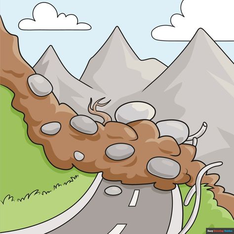 Landslide Drawing, Road Drawing, Landscape Drawing Tutorial, Project Cover Page, Creative School Project Ideas, Mountain Drawing, Flower Drawing Tutorials, Easy Drawing Tutorial, English Worksheets For Kids