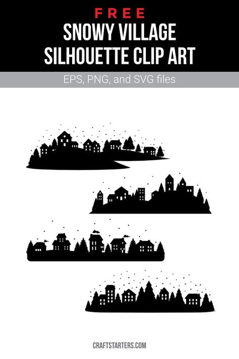 Christmas Village Silhouette Templates, Winter Scene Silhouette Svg, Winter Village Silhouette, Free Svg Files For Cricut Christmas Village, Christmas Village Silhouette, Town Silhouette, Village Silhouette, Cricut Maker3, Candle Silhouette