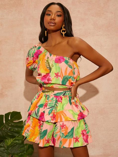 SHEIN High Waist Tropical Print Layered Hem Skirt | SHEIN USA Tropical Party Outfit Women, Tropical Party Outfit, Tropical Top, Shoulder Knots, Tropical Boho, Party Outfits For Women, Blouse Casual Fashion, Tropical Party, Hem Skirt