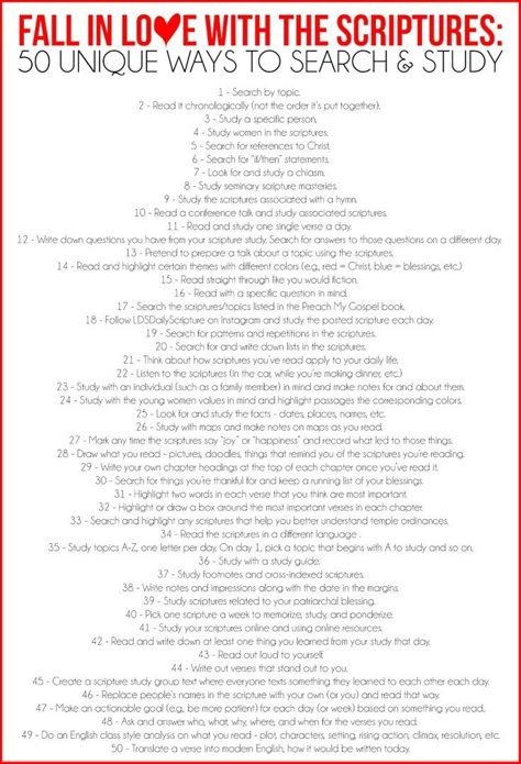 50 creative and unique scripture study ideas, perfect for adding to your collection of Bible Study Tools or for a handout for a young women lesson on scripture study! Or use it for relief society with a fall in love with the scriptures night. Jw Study Ideas, Scripture Study Ideas, Scripture Study Lds, Family Scripture, Lds Scriptures, Bible Study Help, To Be A Woman, Bible Study Methods, Womens Bible Study