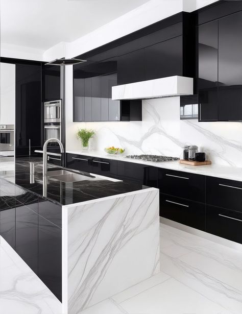 Black Kitchen With White Marble, White And Grey Marble Countertops, Glossy Cabinets Kitchen, Black White Kitchen Modern, Black And White Marble Kitchen, Household Aesthetic, Black Marble Kitchen, White Glossy Kitchen, Black And White Modern Kitchen