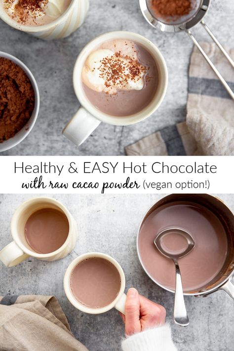 Cacao Hot Chocolate, Cacao Powder Recipe, Healthy Hot Chocolate Recipe, Easy Hot Chocolate, Cocoa Powder Recipes, Healthy Hot Chocolate, Cacao Recipes, Vegan Hot Chocolate, Vegetarian Gluten Free