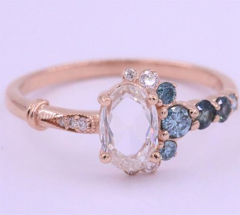 Rose Cut Oval Diamond Cluster Ring Vintage Inspired | Etsy Crescent Ring, Vintage Inspired Engagement Rings, Montana Sapphire Ring, Green Sapphire Ring, The Bling Ring, Moon Crescent, Diamond Cluster Engagement Ring, Unique Engagement Ring, Cluster Engagement Ring