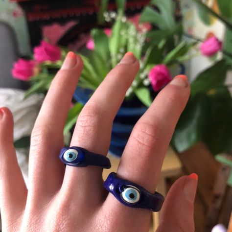 Rings Colourful, Eye Clay, Indie 2020, Fimo Ring, Diy Clay Rings, Evil Eye Rings, Aesthetic Ring, Eye Rings, Funky Rings