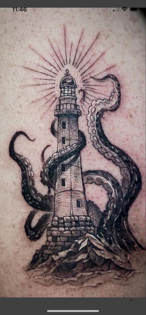 Pirate Ship With Kraken Tattoo, Lighthouse And Octopus Tattoo, Sea Themed Tattoos Men, Shipwreck Tattoo Sleeve, Sea Tattoos Men, Fine Line Ship Tattoo, Ofmd Tattoo Idea, Burning Ship Tattoo, Marine Tattoo For Men