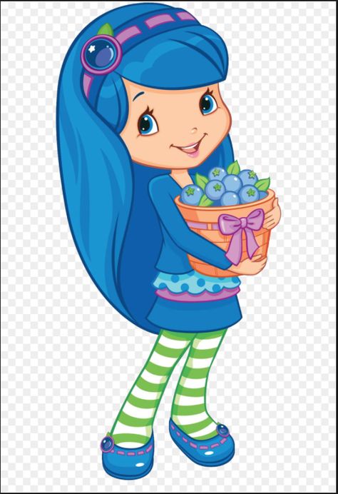 Blueberry Muffin holding her basket of blueberries and is Strawberry Shortcake's berry best friend Blueberry Strawberry Shortcake Cartoon, Blueberry From Strawberry Shortcake, Blueberry Muffins Character, Blueberry Muffin From Strawberry Shortcake, Blueberry Muffins Strawberry Shortcake, Blueberry Muffin Drawing, Blueberry Muffin Outfit, Blueberry Muffin Character, Strawberry Shortcake And Blueberry Muffin