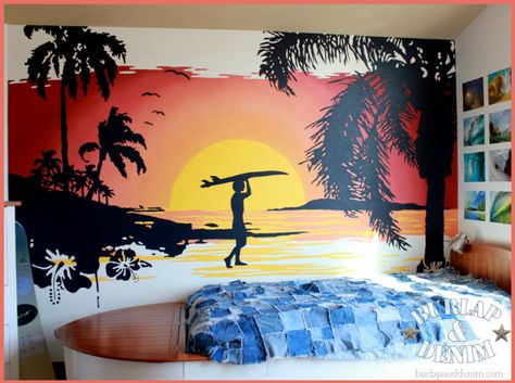 Surfing Sunset Wall Mural Decoration Surf, Beach Mural, Surf Room, Wall Murals Diy, Son Bedroom, Boy Rooms, Surf Decor, Large Mural, Bedroom Murals