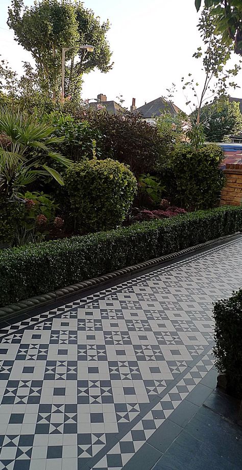 Victorian Mosaic Tile, Victorian Front Garden, Terrace House Exterior, Black And White Mosaic, Front Path, White Mosaic Tile, Garden Front Of House, Porch Tile, House Colour