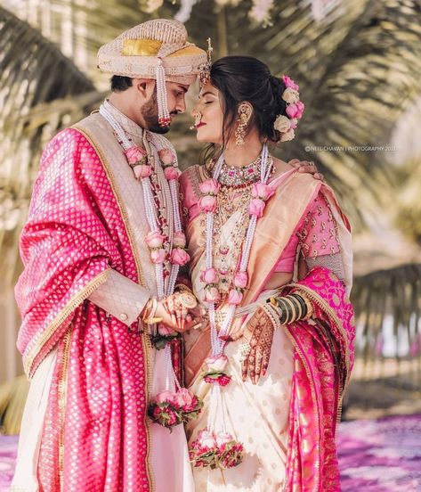 Adorable Marathi Couple Portraits That We Absolutely Love - ShaadiWish Marathi Bride, Marathi Wedding, Bride And Groom Outfits, Couple Wedding Dress, Indian Wedding Couple Photography, Indian Bride Outfits, Indian Wedding Couple, Wedding Photoshoot Poses, Indian Wedding Photography Poses