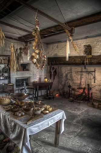 "From the beginning, drama has had the capacity to hold up an illusion of reality like the reflection in a mirror..." This picture reminds me of Medieval times because this is how I imagine a kitchen would have looked back then. Witch Cottage, Kitchen Witchery, Medieval Life, Hedge Witch, Witch House, Kitchen Witch, The Ceiling, Design Case, Rustic Dining Table