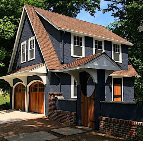 Painted Stucco House, 1900 House Exterior, Red Shingles House Colors, Blue House With Red Roof, Blue House Brown Roof, Dark Stucco Exterior House, Blue Stucco House Exterior, Brown Shingles House Colors, Dark Blue Home Exterior