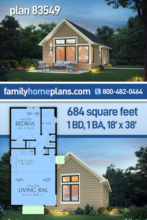 With only 684 sq ft, consider ADU Plan 83549 to add private living space on your property. This is a great option for housing aging parents so they can be close by. Our new ADU Plan is a simple footprint at 18' W x 38' D, and the great room has a vaulted ceiling with tons of windows for natural light. The kitchen is part of this open living space & contains everything you would expect in a larger home. One bedroom, laundry closet, and one full bathroom are all included in the floor plan design.