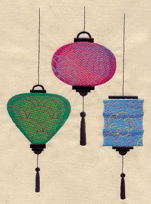 Three lively Chinese lanterns with pretty modern patterns make a fun embellishment for bags, pillows, and more. Japanese Quilt Patterns, Asian Quilts, Chinese Crafts, Waffle Weave Towels, Japanese Quilts, Animal Embroidery Designs, Urban Threads, Green Towels, Cat Items