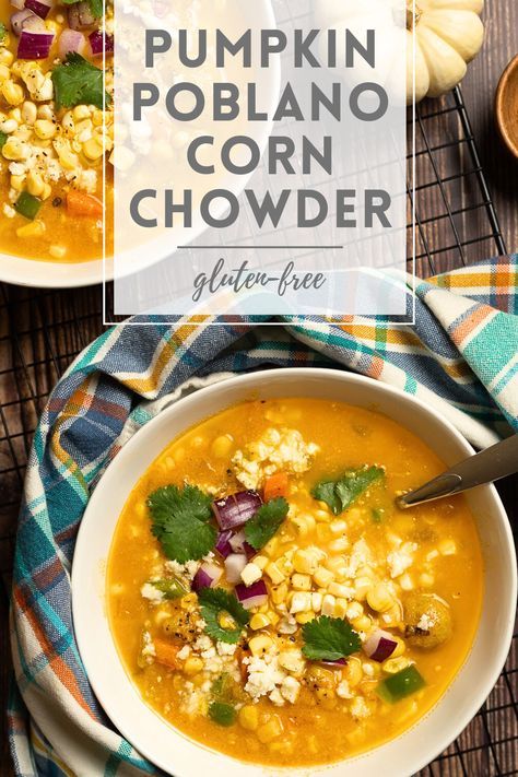 There are many ways to make a corn chowder recipe extra delicious, and this Southwest-inspired pumpkin poblano corn chowder is a unique, spicy, autumn-appropriate option. Serve it topped with queso fresco and cilantro for a hearty fall dinner, with plenty of leftovers for lunch the next day. Pumpkin Jalapeno Soup, Chowder Recipes Healthy, Poblano Corn Chowder, Roasted Chili Peppers, Poblano Corn, Poblano Recipes, Halloween Soup, Chicken Enchilada Soup Crock Pot, Spicy Pumpkin Soup