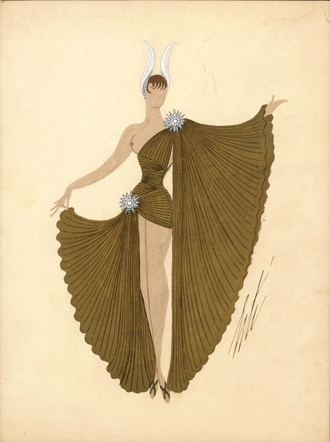 Art Deco Burlesque, 20s Fashion Drawing, Leaf Dress Design, Art Deco Clothes, Art Deco Fashion Runway, 20s Fashion Sketch, Burlesque Sketch, Erte Fashion Illustrations, Fashion Design Inspiration Board