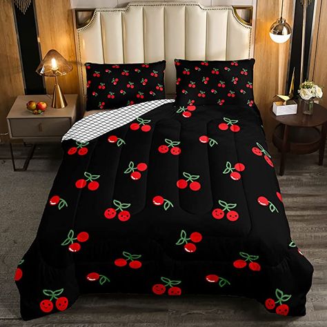 Amazon.com: Erosebridal Red Cherry Bedding Set for Kids, Fruit Kawaii Comforter Set Full, Cute Cherry Cartoon Quilted Duvet for Boys Girls Women Bedroom Decor, Reversible Luxury Cherry Quilted Comforter, Black : Home & Kitchen Cute Bedsheet, Cherry Bedding, Cherry Cartoon, Kawaii Bedding, Textured Bed, Full Size Bed Sets, Women Bedroom Decor, Cherry Bed, Red Comforter